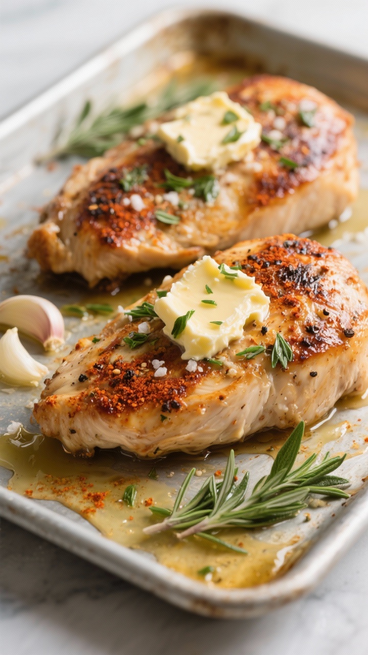 Straight-on beauty shot of low-and-slow baked chicken: whole breasts brushed with garlic herb butter (softened butter mixed with grated garlic and chopped fresh herbs), seasoned with kosher salt, black pepper, and paprika; deeply bronzed skinless surface with buttery pooling at the base; served on a small sheet tray with herb sprigs, emphasizing slow-roasted comfort.