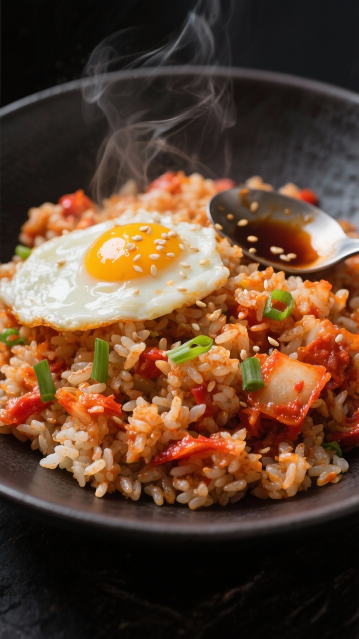 Straight-on bowl shot of 10-minute kimchi egg fried rice: day-old rice fried in neutral oil with chopped kimchi and a spoonful of kimchi juice, soy sauce seasoning, and a soft-set scrambled egg folded through; garnished with sesame seeds and thinly sliced scallions; steam rising, reddish-orange kimchi hues against a matte dark bowl.