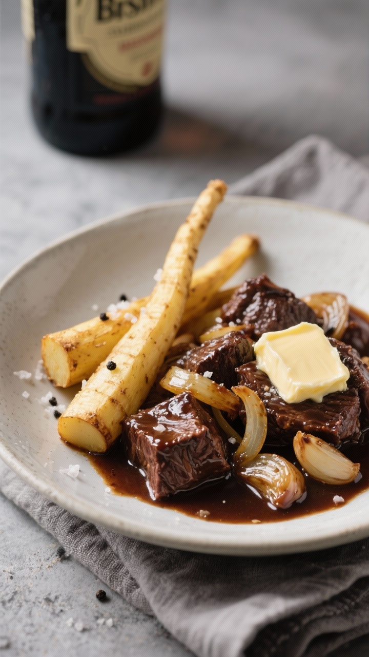Straight-on bowl shot of Irish Stout Beef with Buttered Parsnips: dark stout-glazed beef pieces with sliced onions and garlic in a glossy, mahogany sauce; served alongside golden buttered parsnip batons with flaky salt; a knob of melting butter on parsnips, black pepper visible; set on a gray linen with a stout bottle blurred in the background, cool natural light.