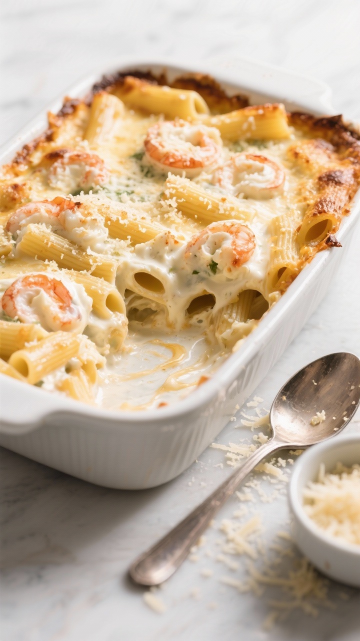 Straight-on casserole beauty shot: A bubbling seafood Alfredo bake with ziti, ricotta swirls visible between tubes, and a golden top of Parmesan; creamy sauce clings without separation; edges slightly caramelized; served in a white baking dish with a corner scooped out to show the luscious interior; a spoon rests nearby with sauce trails and extra grated Parmesan in a small bowl.