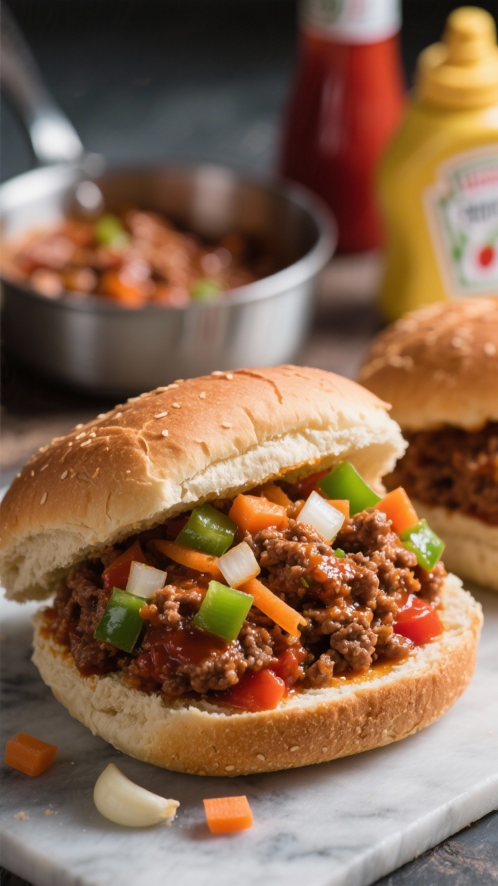 Straight-on close-up of skinny sloppy joes: saucy lean ground beef mixture with finely diced onion, green bell pepper, grated carrot, garlic, and tomato sauce piled on lightly toasted whole-grain buns. The filling glistens with a tangy kick, bits of veg clearly visible. Extra filling in a small saucepan behind, ketchup and mustard jars blurred in the background.