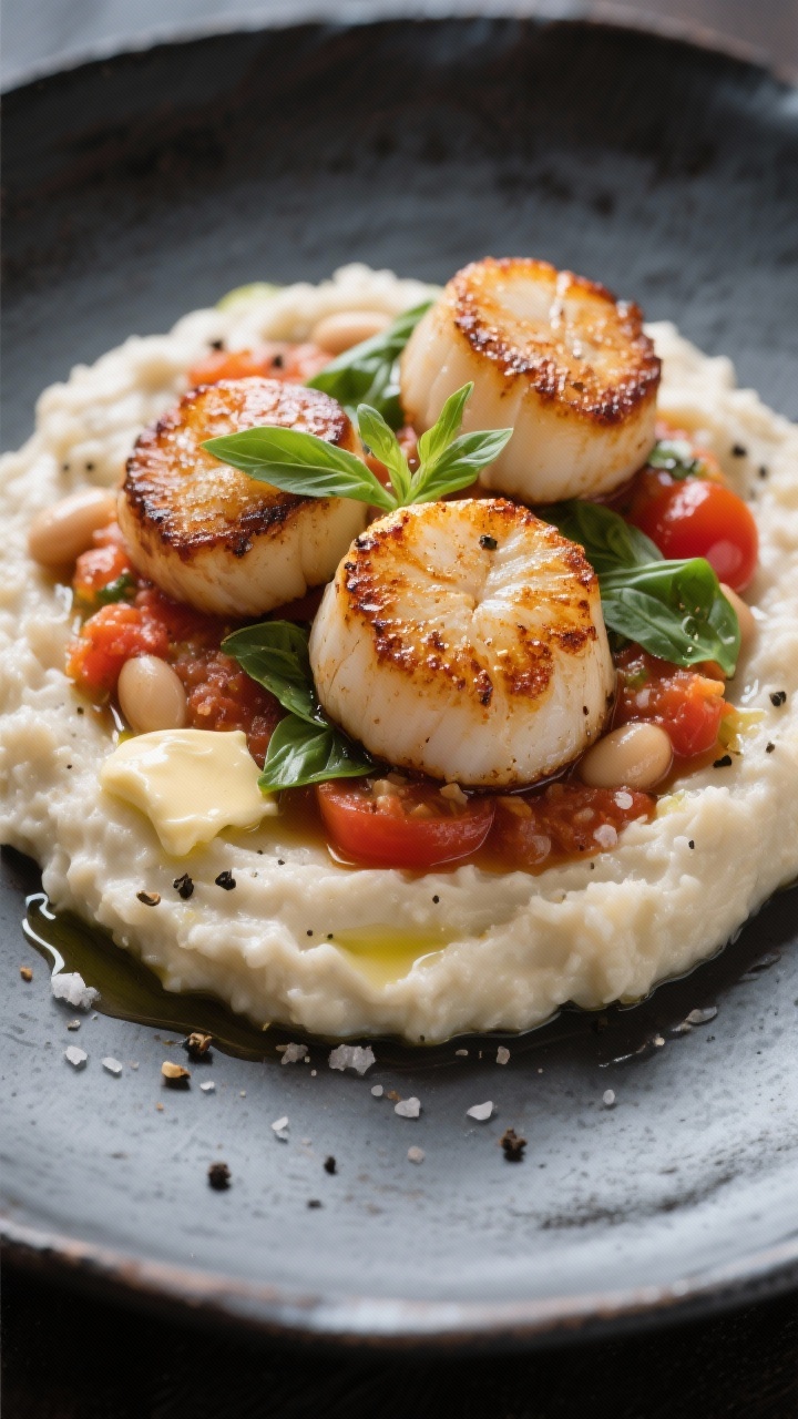 Straight-on elegant plate of seared scallops over tomato-basil white bean mash: large sea scallops with deep golden crusts set atop a creamy cannellini bean mash infused with low-sodium broth, garlic, ripe tomatoes, and fresh basil; butter and olive oil gloss, cracked black pepper and sea salt flecks, a few basil ribbons on top, minimal modern plating on a dark ceramic plate.