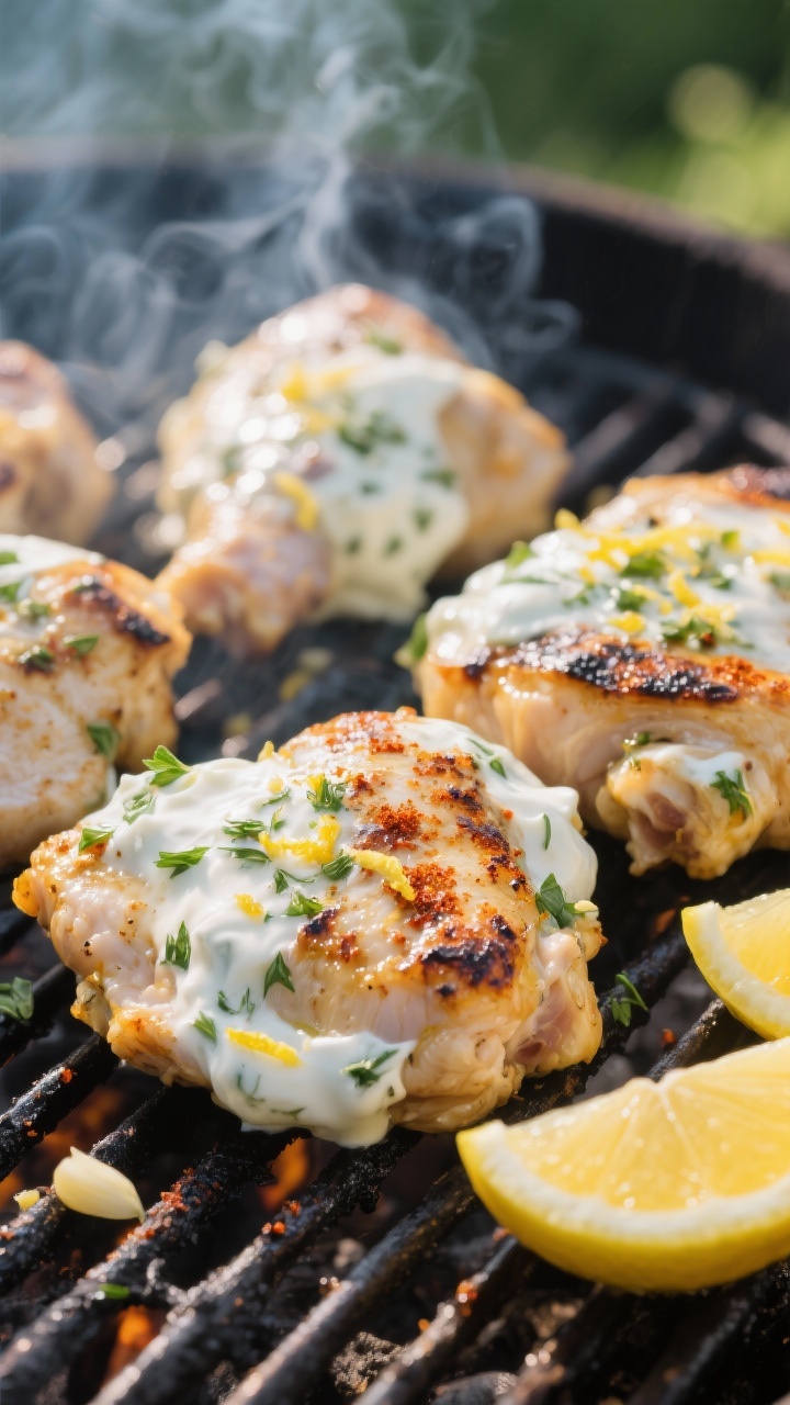 Straight-on grill scene of herby yogurt-marinated chicken thighs: thick Greek yogurt marinade flecked with lemon zest, grated garlic, ground coriander, and smoked paprika coating the chicken, olive oil sheen, char marks forming; lemon halves grilling alongside; background blur of outdoor smoke for a summery, tangy-smoky mood, colors vibrant and inviting.