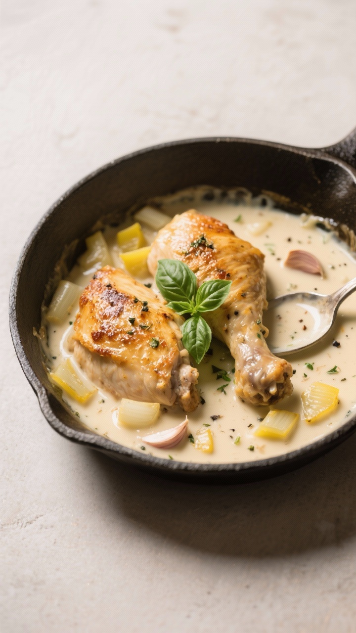 Straight-on hero shot of one-pot creamy Tuscan chicken: boneless, skinless chicken thighs seared golden and bathed in a silky coconut milk sauce. Diced yellow onion and minced garlic visible in the sauce, with Italian seasoning speckles and cracked black pepper. Served in a deep sauté pan with spoon trails showing velvety texture, garnished with fresh basil. Neutral backdrop, soft side lighting to emphasize the creaminess and sheen.
