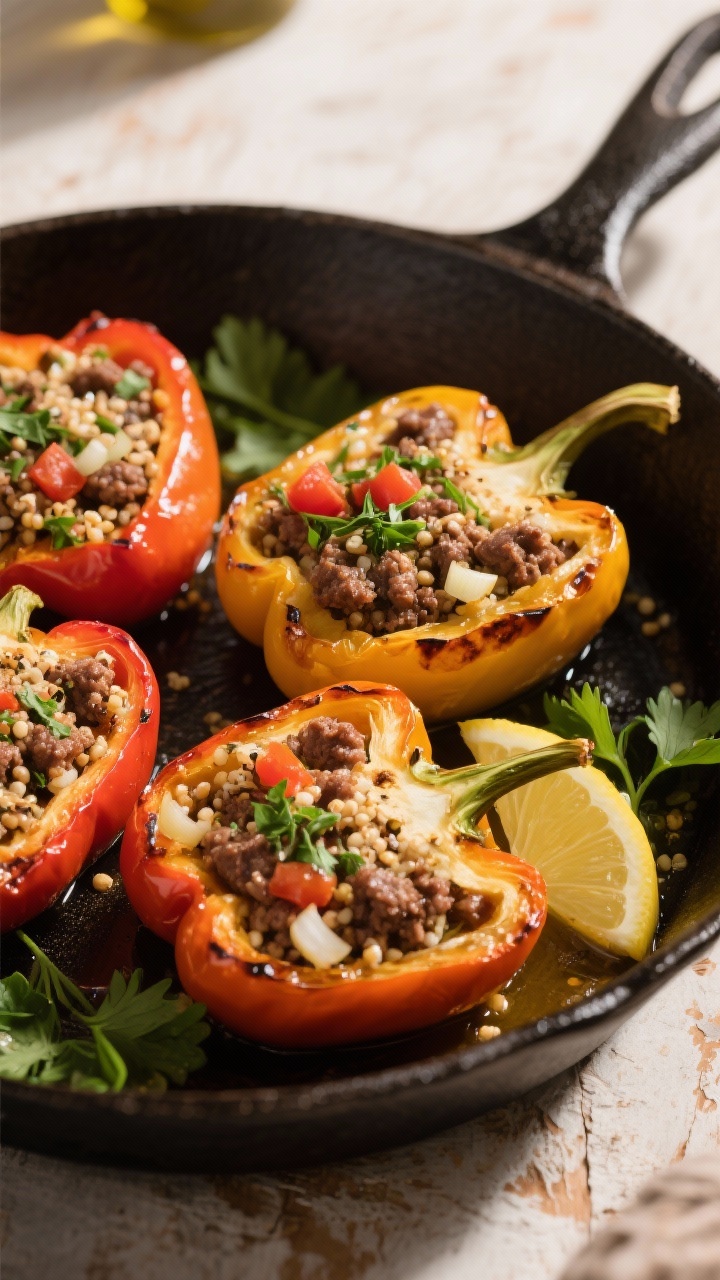 Straight-on hero shot of Zesty Mediterranean Beef & Quinoa Stuffed Peppers: halved bell peppers packed with lean ground beef, quinoa, finely chopped onion, garlic, diced tomatoes, parsley, and oregano; tops kissed with a light olive oil sheen; baked and slightly blistered edges; arranged in a cast-iron skillet with lemon wedges and fresh parsley sprigs; warm, rustic mood with directional light
