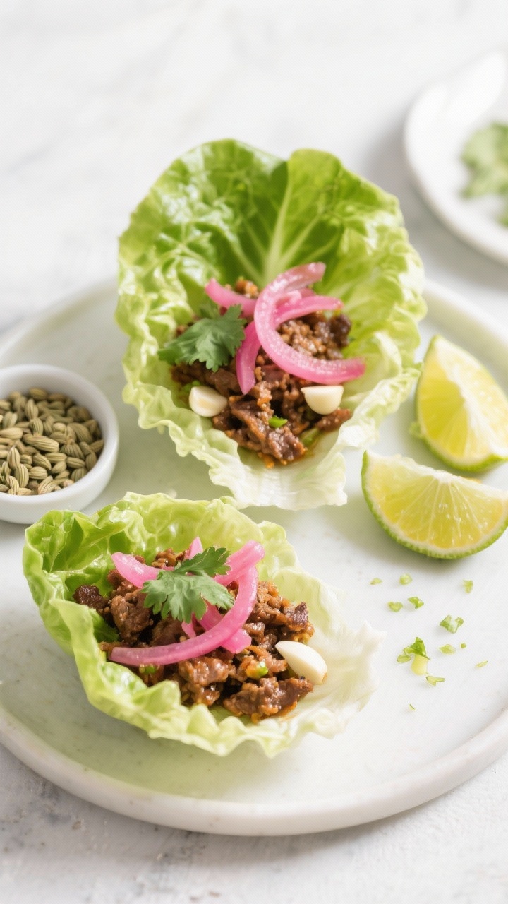 Straight-on lettuce wraps: crisp butter lettuce cups stuffed with garlic-lime carne picada (minced garlic, ground cumin, coriander, kosher salt, black pepper, olive oil, lime zest and juice); topped with bright pink pickled onions and fresh cilantro; lime wedges and a small dish of coriander seeds in frame; high-key light emphasizing freshness and crunch.