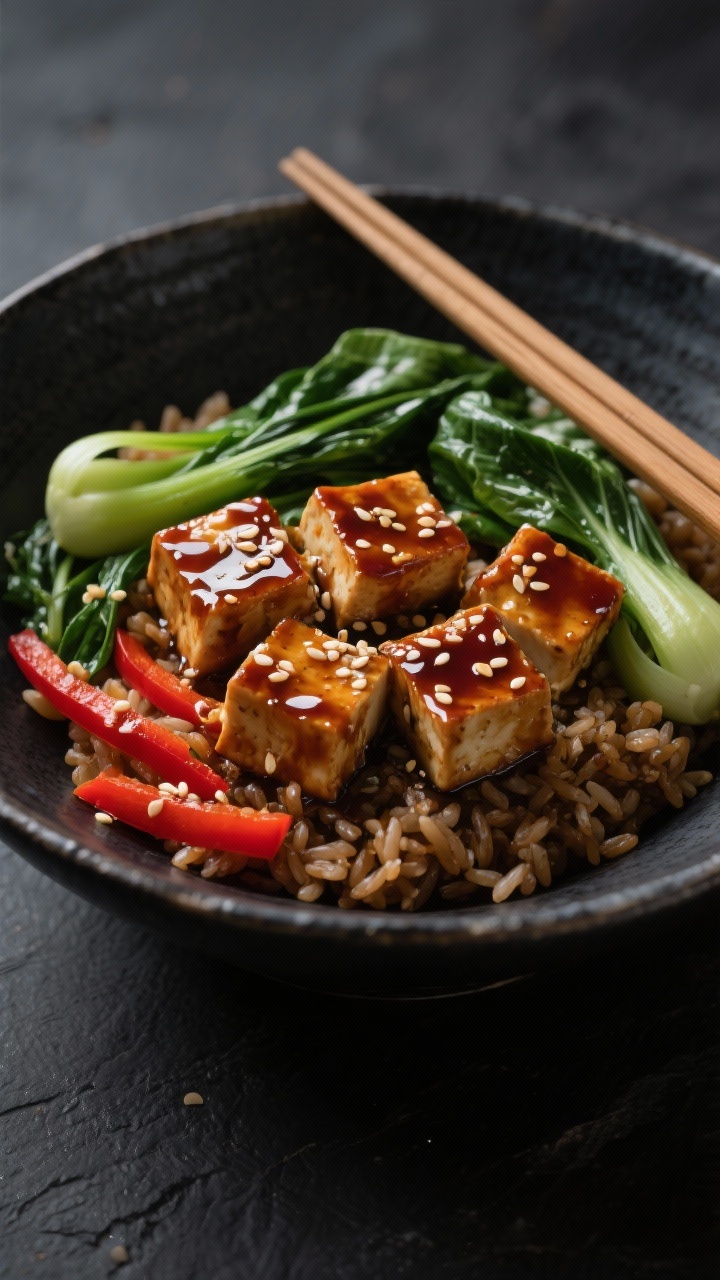 Straight-on plated bowl of sticky ginger-tamari tofu: lacquered cubes with a glossy, sticky sauce and sesame seeds, nestled over fluffy brown rice; sautéed sesame greens (bok choy or kale) gleaming, and red bell pepper strips adding crisp brightness; subtle cornstarch-crisped edges on tofu; chopsticks resting on the rim; moody, high-contrast lighting to emphasize glaze and texture, dark ceramic bowl against charcoal backdrop.