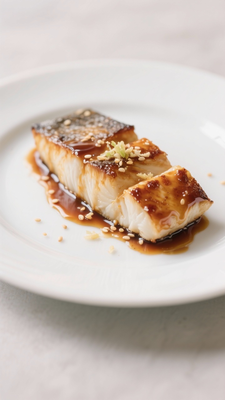 Straight-on plated presentation: Miso-ginger glazed cod, 1-inch thick fillets, lacquered and caramelized at the edges. Silky glaze made from white miso, soy sauce, mirin/honey, and grated ginger, dripping down the sides. Served on a minimalist white plate with a faint brush of sauce, subtle sesame seeds optional, clean backdrop, soft light emphasizing “melts like butter” tenderness.