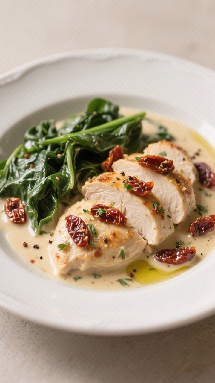 Straight-on plated presentation of creamy baked Tuscan chicken: sliced boneless breasts in a silky cream sauce with sun-dried tomatoes and Italian seasoning, garnished with wilted spinach and a drizzle of olive oil; sauce clings to the chicken with visible pepper and herb specks, served in a shallow white bowl against a neutral backdrop for a rich, comforting vibe.
