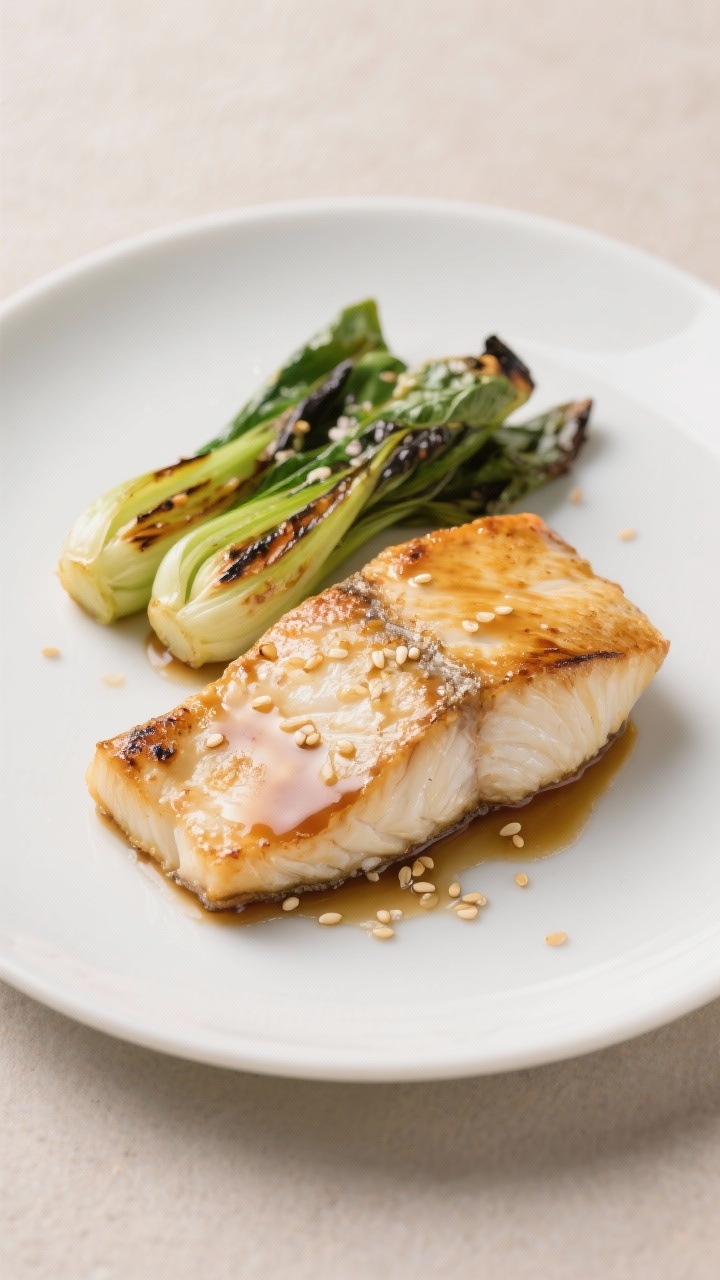 Straight-on plated presentation of miso-ginger cod with roasted baby bok choy: flaky cod fillets lacquered with a white miso, maple syrup, rice vinegar, soy sauce, and ginger glaze; charred edges on halved bok choy brushed with avocado oil, salt, and pepper; minimal Japanese-inspired styling on a white plate with a small pool of extra glaze and a few sesame seeds, neutral backdrop.