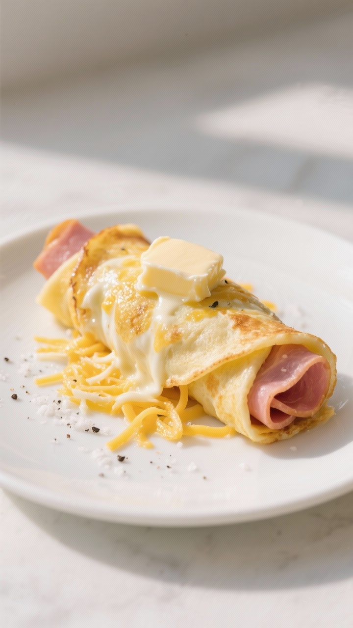Straight-on plated shot of cheesy egg roll-ups with deli ham: thin, golden egg crêpes (eggs whisked with a touch of heavy cream) rolled around slices of pink deli ham and oozing shredded cheese (cheddar and Swiss mix) from the edges; flecks of kosher salt and black pepper visible; served on a white plate with a small pat of butter melting on top; clean, bright morning light for a breakfast vibe.