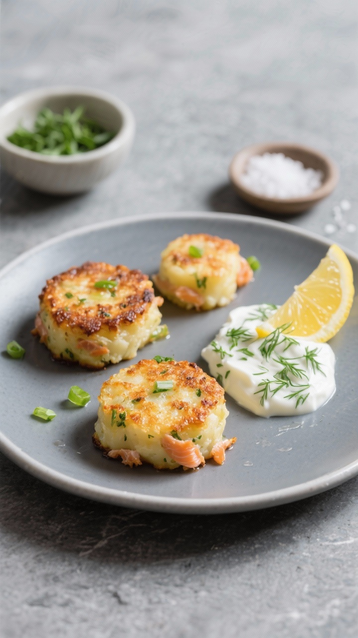 Straight-on plated small bites: crispy smoked trout potato cakes, pan-seared to a deep golden crust, flecks of smoked trout and scallion visible in the fluffy potato interior. Served with a dollop of herby yogurt (speckled with dill and parsley) and a squeeze of lemon. Plates set on a cool slate surface with a small bowl of extra herbs, salt pinch dish, and a butter-brushed sheen on the cakes.