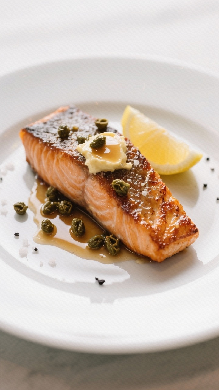 Straight-on, restaurant-style plate of crispy skin-on salmon with brown butter and capers: salmon fillet with perfectly rendered, glassy-crisp skin, flesh tender and coral; beurre noisette spooned over with toasted milk solids and briny capers scattered on top; lemon wedges on the side, a light sprinkle of kosher salt and black pepper; presented on a matte white plate with a subtle reflection, elegant, clean lighting.
