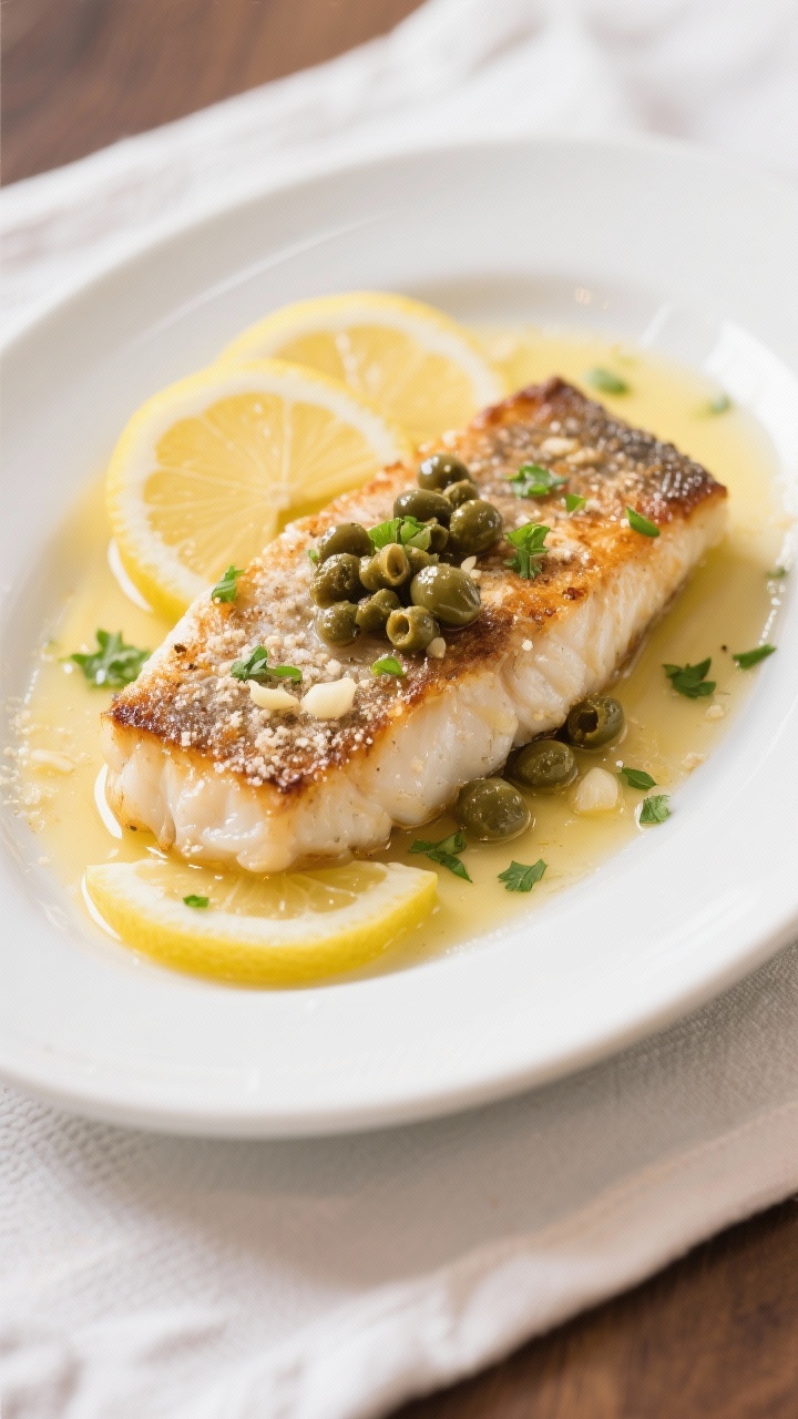 Straight-on restaurant-style plating: pan-seared tilapia lightly dredged in seasoned flour (garlic powder, salt, pepper), topped with browned butter, briny capers, and a generous squeeze of fresh lemon; thin lemon slices and chopped parsley scattered; butter sauce glistening and pooling at the base, crisped edges of fish visible; white oval plate on linen, bright citrusy ambiance.