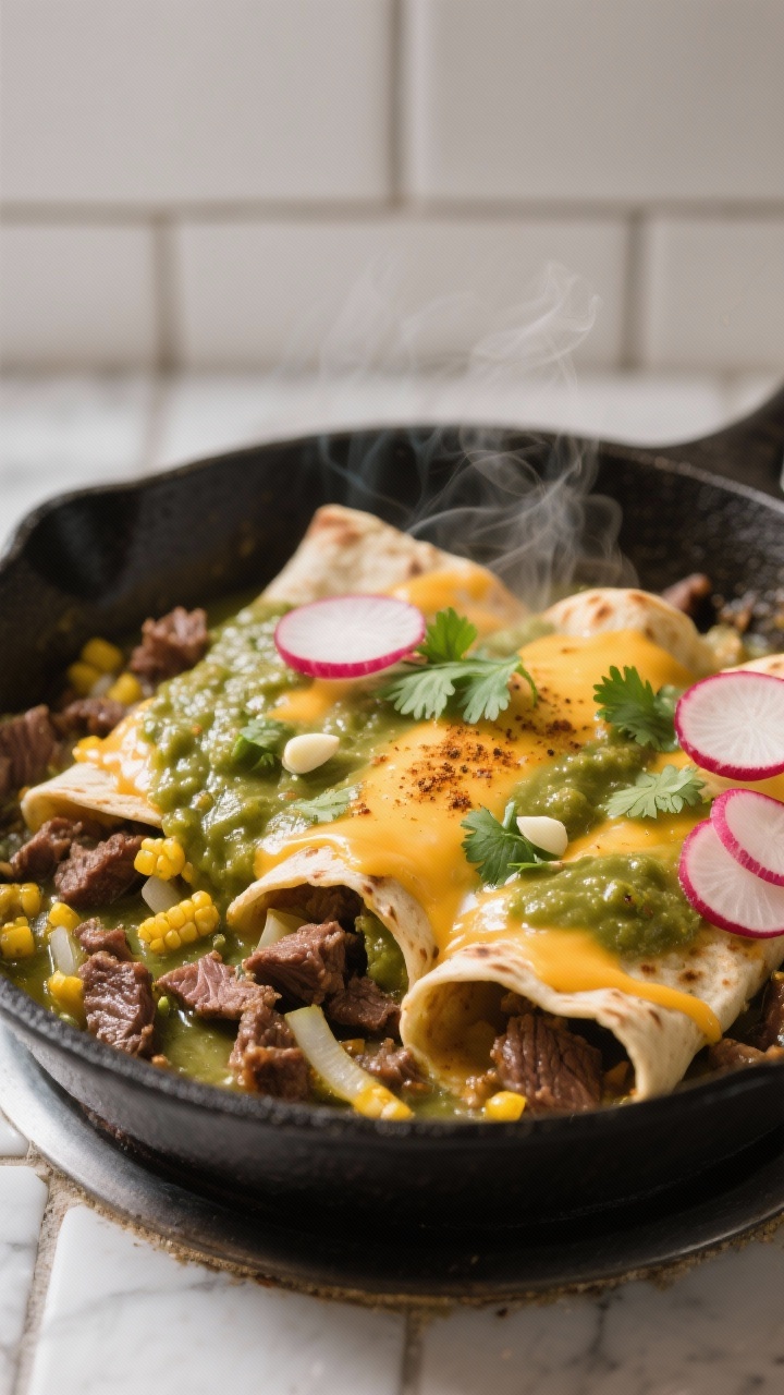 Straight-on shot of a salsa verde carne picada enchilada skillet: tender beef carne picada with sautéed yellow onion and minced garlic, folded with torn corn tortillas and bathed in glossy salsa verde; bubbling cheese on top, flecked with cumin and a hint of chili powder; garnished with sliced radishes and fresh cilantro; steam rising from the skillet on a tiled kitchen backdrop.