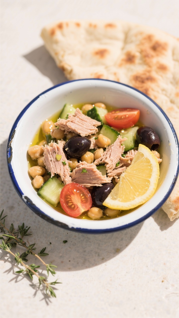 Straight-on shot of no-cook Mediterranean tuna pouches assembled in a shallow enamel bowl: olive oil-packed tuna flaked, tossed with canned chickpeas, diced cucumber, halved cherry tomatoes, and sliced kalamata olives; bright, fresh colors with a glisten of olive oil, lemon wedge on the side, pinch of dried oregano scattered; set on a light travel-friendly surface with a folded pita off to the side, crisp daylight, clean and vibrant.