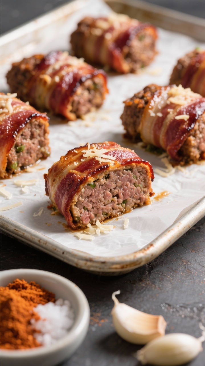 Straight-on shot of smoky bacon-wrapped meatloaf minis on a parchment-lined sheet pan, bacon rendered and lacquered with deep mahogany edges; cross-section of one mini showing juicy ground beef and pork interior studded with grated Parmesan; a small dish of smoked paprika, onion powder, garlic powder, and kosher salt in frame; shallow depth of field to spotlight the crisp bacon weave and glistening fat.