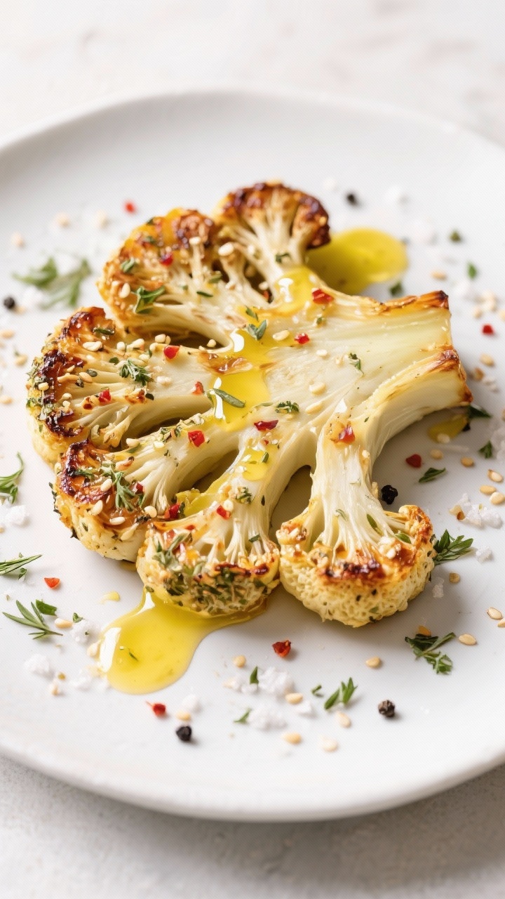 Straight-on shot of za’atar cauliflower steaks plated on a matte white platter: thick-cut slabs with caramelized edges, brushed with olive oil and dusted generously with za’atar, kosher salt, black pepper, and a touch of red pepper flakes; glossy lemon-tahini drizzle cascading over the ridges; sesame and herb crumbs scattered, bright, airy Mediterranean vibe.