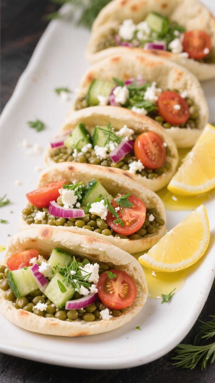 Straight-on shot of zesty lentil and feta pitas: whole pitas stuffed with green lentils, diced cucumber, halved cherry tomatoes, finely chopped red onion, crumbled feta, and chopped herbs (parsley/dill), lightly dressed; creamy tangy look with feta crumbles and herb flecks visible; arranged in a row on a white ceramic platter, lemon wedges and a drizzle of olive oil, crisp, bright Mediterranean tones.