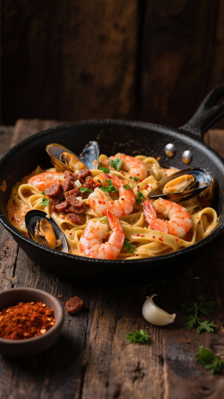 Straight-on skillet scene: Cajun seafood Alfredo in a black sauté pan—fettuccine coated in creamy sauce speckled with paprika and cayenne, with pink shrimp, opened mussels in shells, and a crumble of browned andouille sausage; visible minced garlic; garnished with chopped parsley; warm, moody lighting with a rustic wood backdrop and a small bowl of Cajun spice blend.