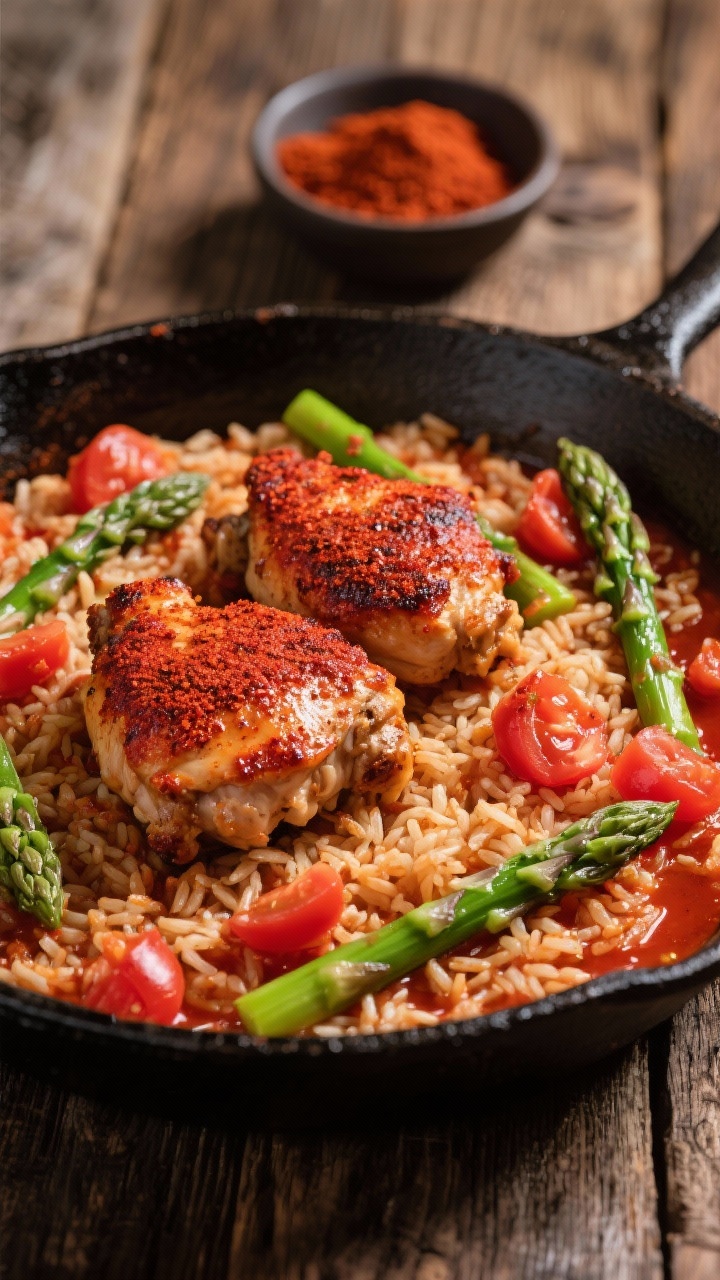 Straight-on skillet scene of Smoky Paprika chicken, asparagus, and rice with tomato: chunky chicken thighs coated in deep-red smoked paprika, long-grain rice studded with drained diced tomatoes, bright asparagus pieces threaded throughout; visible chicken broth reduction creating a brick-red sheen; rustic wooden table, a small bowl of smoked paprika in the background, emphasizing warm, smoky comfort.