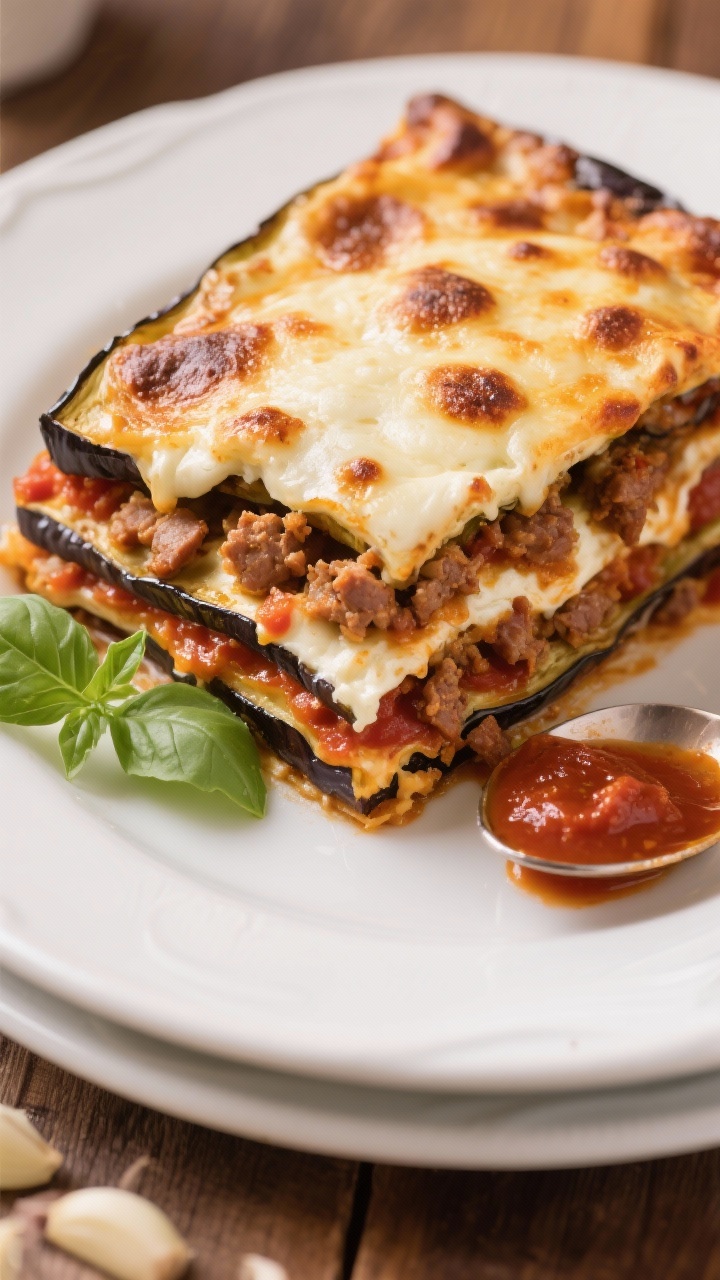 Straight-on slice reveal of baked eggplant parmesan lasagna: stacked roasted eggplant planks layered with rich marinara, ricotta, and crumbles of browned Italian turkey sausage with garlic; bubbling mozzarella top with browned spots, edges caramelized; clean cross-section showing defined layers; basil leaves and a spoonful of sauce on the plate; photographed on a white plate with a warm, cozy Italian trattoria feel.