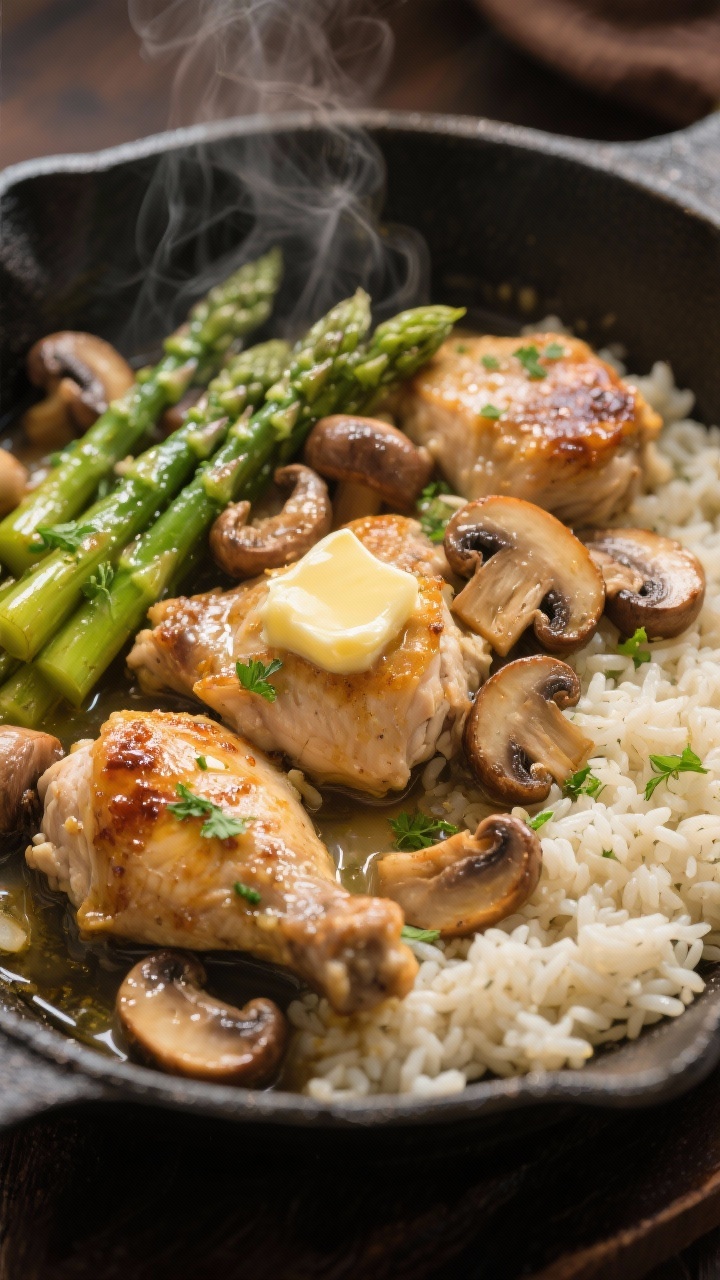 Straight-on, steamy skillet of Garlic-Butter chicken, asparagus, and rice with mushrooms: juicy chicken thigh chunks, cremini/baby bella mushrooms browned and glossy, tender asparagus, and long-grain rice absorbing rich garlic-butter and chicken broth; pats of melted butter pooling, flecks of parsley, mushrooms’ meaty texture highlighted; warm tungsten light for a cozy, indulgent feel.