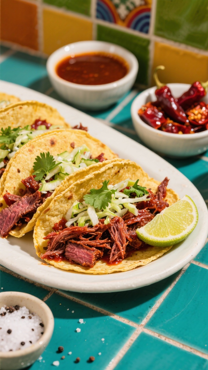 Straight-on taco spread for barbacoa-style shredded beef: juicy shreds of beef chuck stained deep red from chipotle peppers in adobo and sauce, piled into warm corn tortillas, topped with zesty lime slaw, cilantro, and a lime wedge on the side; bowls of chopped chipotles and adobo sauce nearby, kosher salt and black pepper flecks visible, shot on a vibrant tiled backdrop to evoke taqueria energy, crisp, bright lighting, focus on texture and succulence.