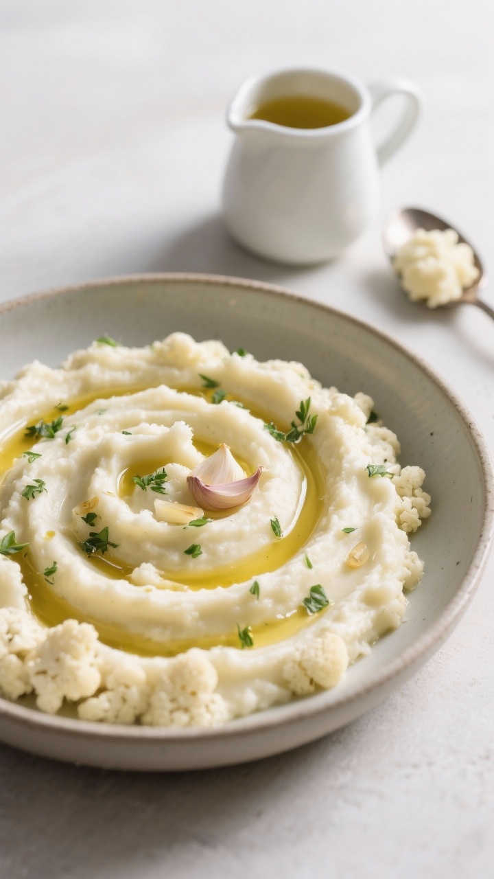 Straight-on, tight shot of herby cauliflower mash with garlic and olive oil: ultra-creamy cauliflower purée swirled in a shallow bowl, glossy olive oil pooled in the ridges, specks of fresh herbs, and soft golden notes from gently sautéed smashed garlic. A small pitcher of warm vegetable broth and a spoon with a dollop of mash to show silky texture. Minimalist, airy lighting emphasizing smoothness and comfort.