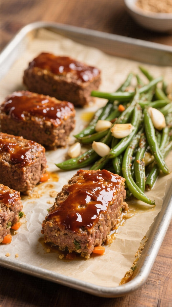 Straight-on tray shot of Mini BBQ Glazed Meatloaves with Garlic Green Beans: individual meatloaves made from lean ground beef, finely grated onion and carrot, egg, whole wheat breadcrumbs, and Worcestershire, brushed with a shiny BBQ glaze; roasted green beans tossed with garlic and a touch of olive oil alongside; presented on a rimmed sheet pan lined with parchment; warm, homey lighting with gentle highlights on the glaze