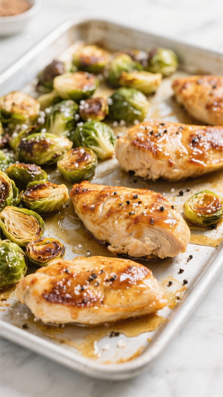 Straight-on weeknight sheet-pan scene: maple Dijon baked chicken breasts with roasted Brussels sprouts, both caramelized at the edges; visible glaze of pure maple syrup and Dijon on the chicken, sprouts blistered and glossy with olive oil, sprinkled with kosher salt and black pepper; minimal styling, bright kitchen light for clean healthful appeal.