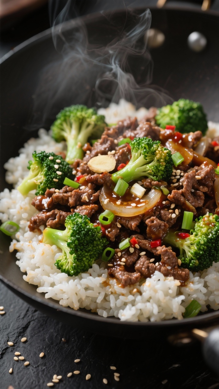 Wok action close-up of Korean-Style Beef & Broccoli: lean ground beef browned with thinly sliced onion, minced garlic, grated ginger, and a hint of red pepper flakes; glossy sauce clinging to bright-green small broccoli florets; served over fluffy cauliflower rice in a shallow bowl; sesame seeds and sliced scallions sprinkled; shot at 45 degrees, subtle steam, dark slate background for contrast