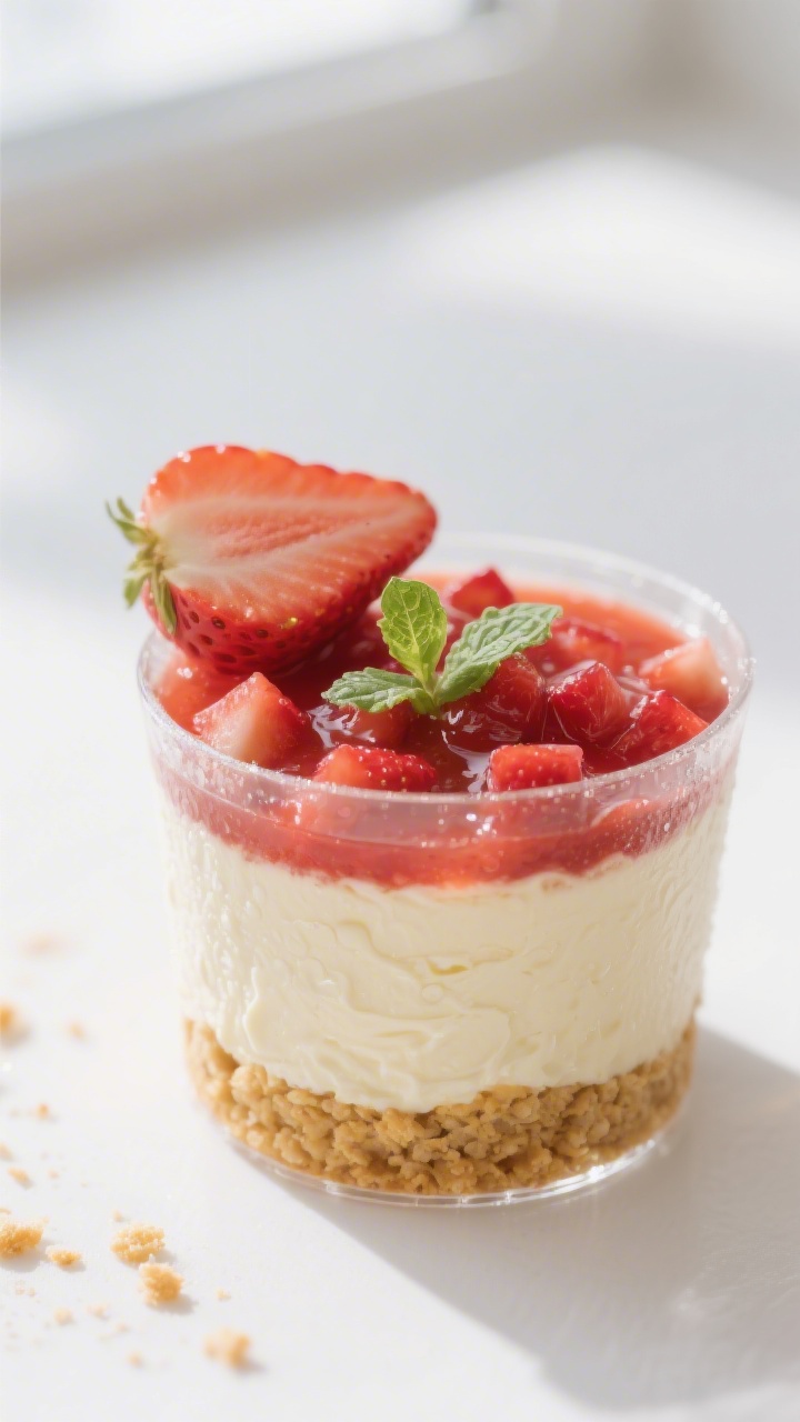 Close-up detail: A chilled no-bake strawberry cheesecake cup in a small clear glass, showing distinc