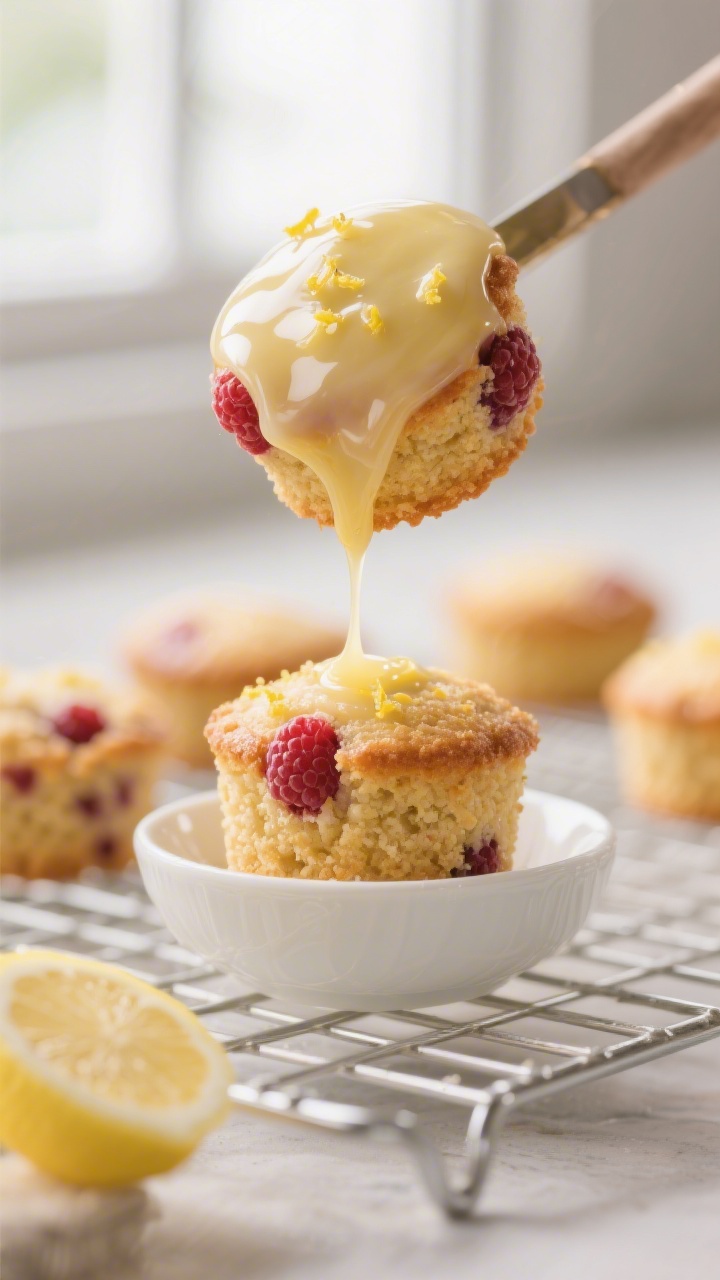 Close-up detail: A cooled mini lemon-raspberry tea cake being dipped into a thick, glossy lemon glaz