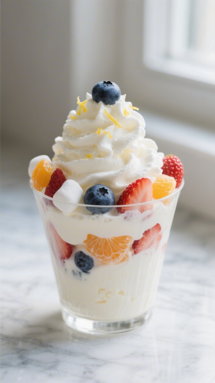 Close-up detail: A creamy scoop of finished fluff dessert piled into a clear glass dessert cup, show
