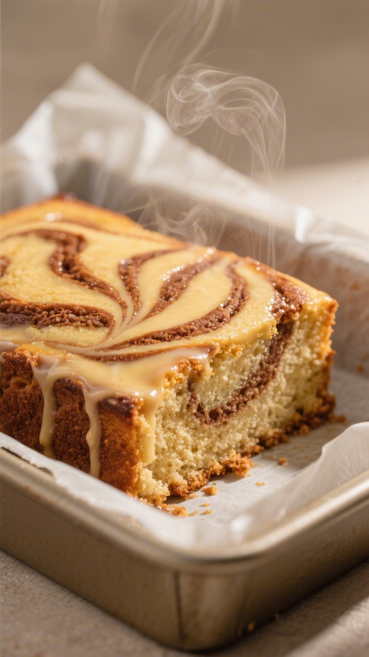 Close-up detail: A fresh-from-the-oven cinnamon-swirled cake square just cut in the pan, golden top 