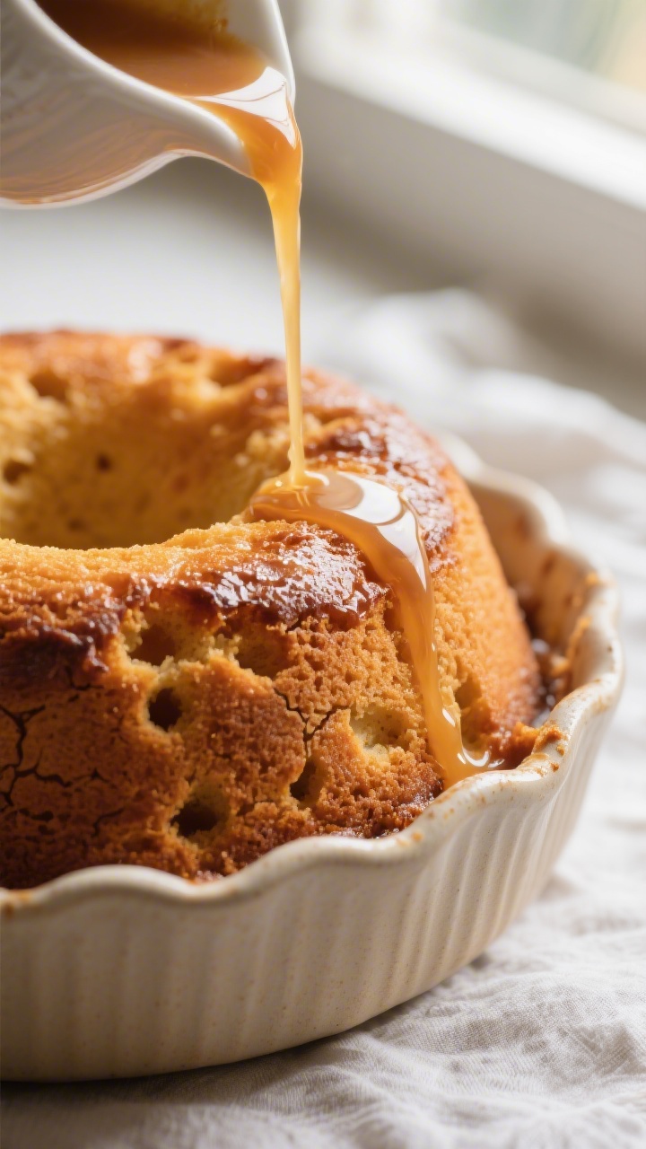 Close-up detail: A freshly baked malva pudding just out of the oven, deep golden, slightly domed sur