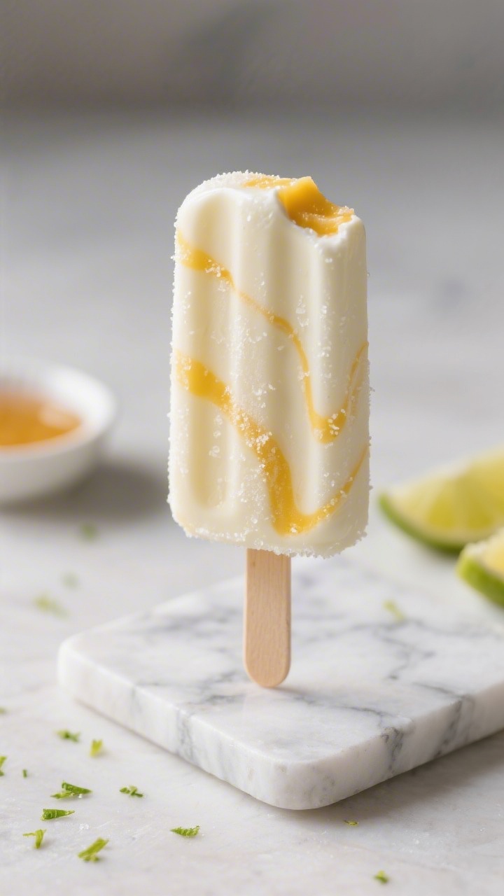 Close-up detail: A freshly unmolded Creamy Mango Yogurt Pop held upright on a chilled marble slab, f