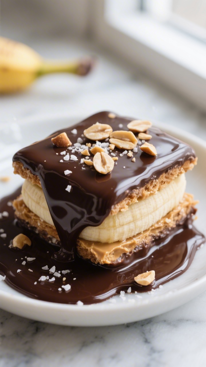 Close-up detail: A frozen banana-peanut butter “sandwich” just dipped in glossy dark chocolate (