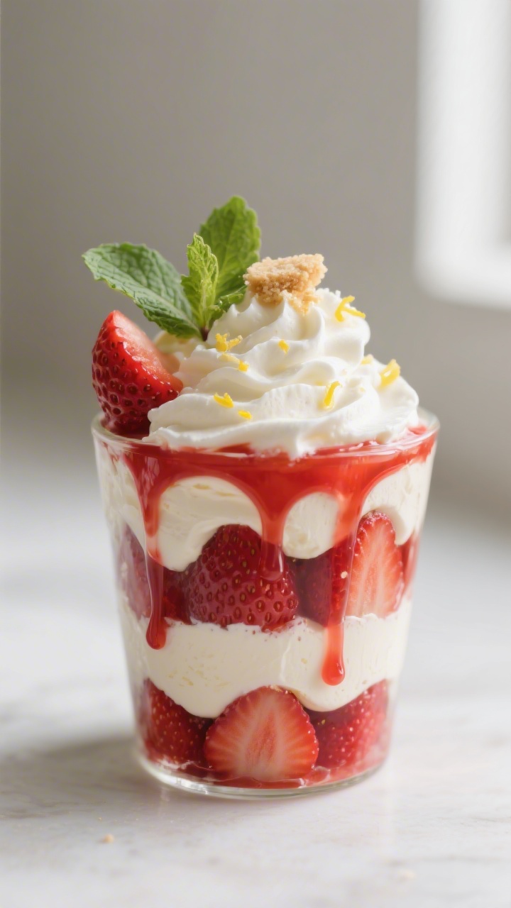 Close-up detail: A glass dessert cup filled with layered macerated strawberries and billowy cream ch