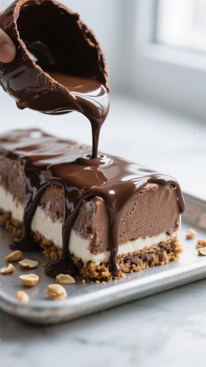 Close-up detail: A glossy chocolate shell being poured over a fully frozen layered ice cream loaf on