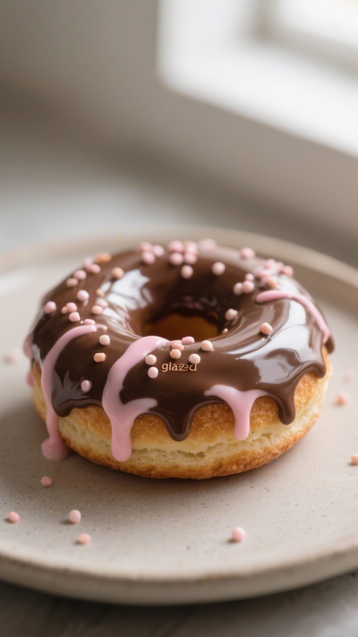 Close-up detail: A glossy “glazed” clay donut in chocolate brown with pastel-pink icing drips an
