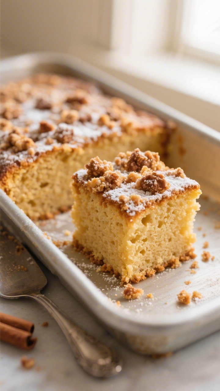 Close-up detail: A golden-baked slice of cinnamon-streusel cake mix dessert just cut from a 9x13 pan