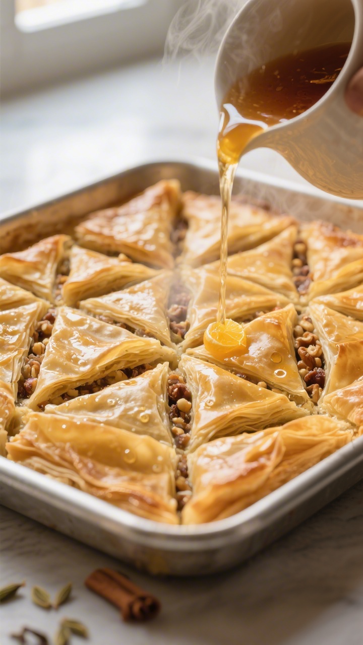 Close-up detail: A golden, freshly baked tray of Middle Eastern phyllo dessert just out of the oven,