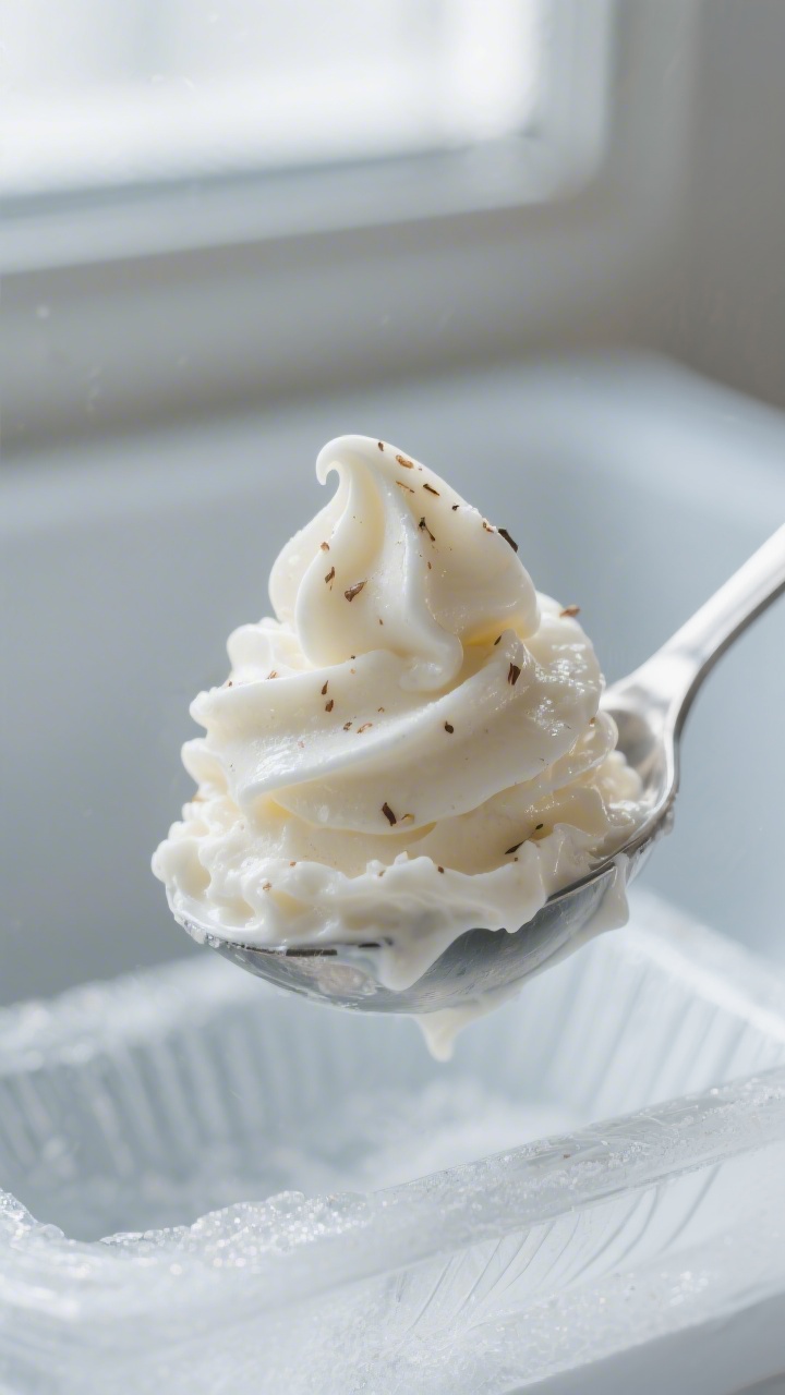 Close-up detail: A heaping scoop of dairy-free coconut vanilla “ice cream” at soft-serve stage,