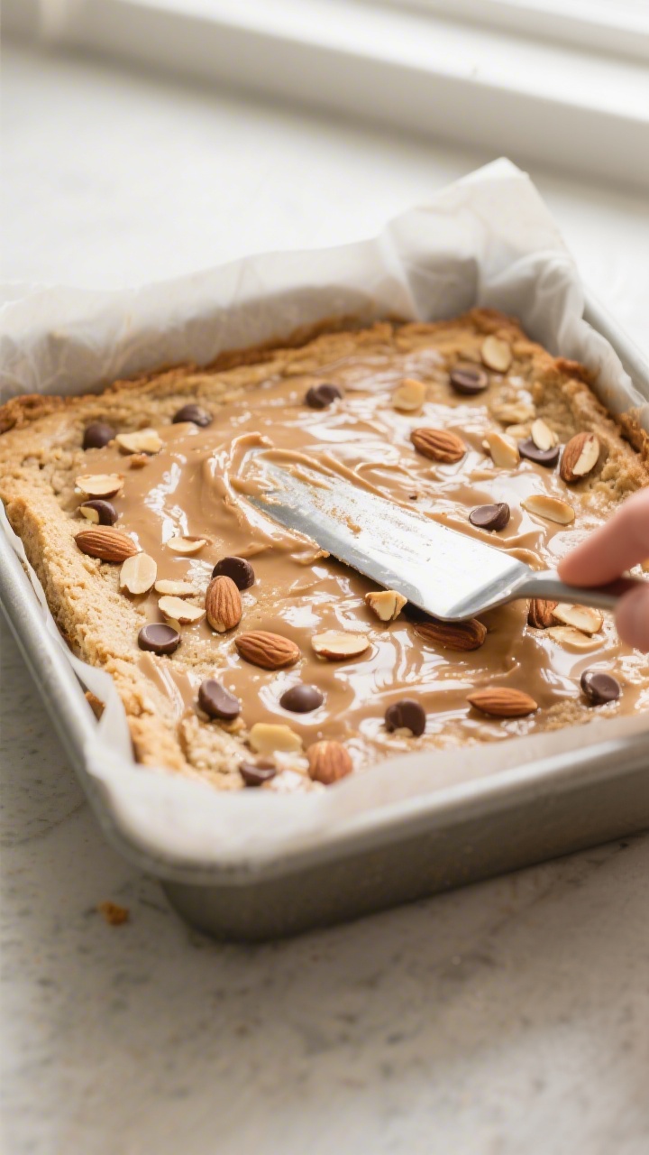 Close-up detail: A just-baked slab of almond flour blondies in an 8-inch parchment-lined pan, edges 