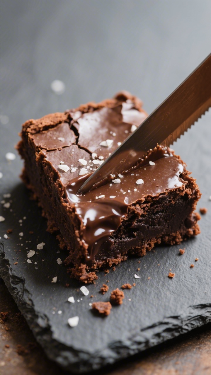 Close-up detail: A just-cut brownie square with ultra-fudgy interior and glossy, crackly top, crumbs