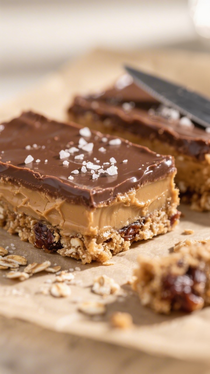 Close-up detail: A just-sliced no-bake chocolate peanut butter bar showing the distinct layers—sof