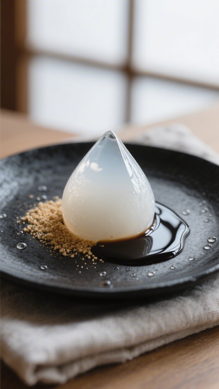Close-up detail: A just-unmolded Mizu Shingen Mochi raindrop cake sitting on a chilled matte black p
