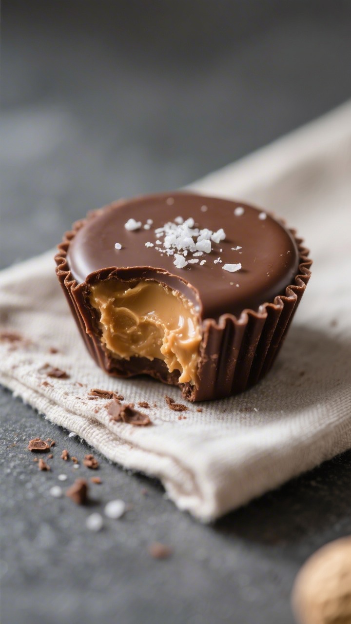 Close-up detail: A just-unwrapped mini chocolate peanut butter cup with a clean bite taken out, reve